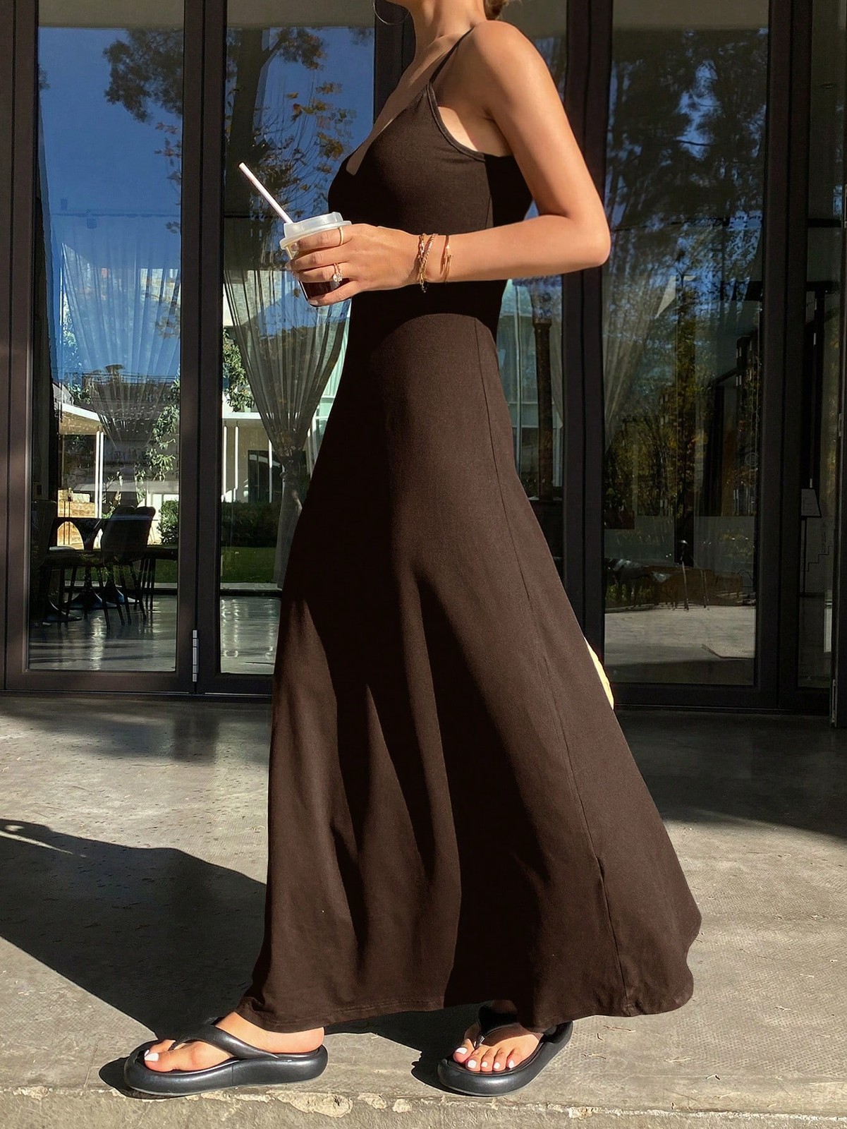 Sleeveless V Neck A Line Maxi Dress in Coffee Brown