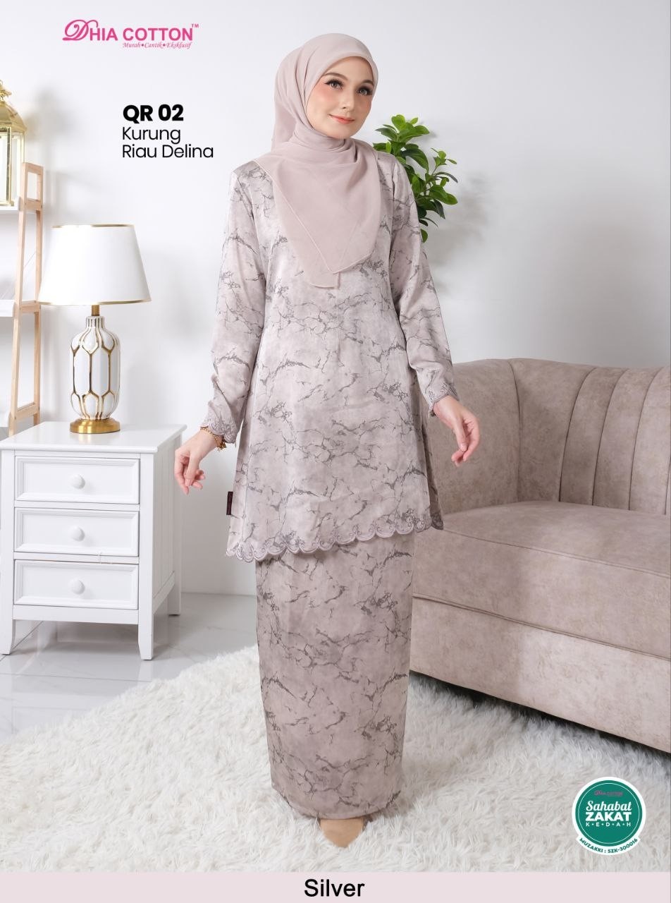 Baju Kurung Riau Delina 4XL Silver Dhia Cotton kain Dubai Silk