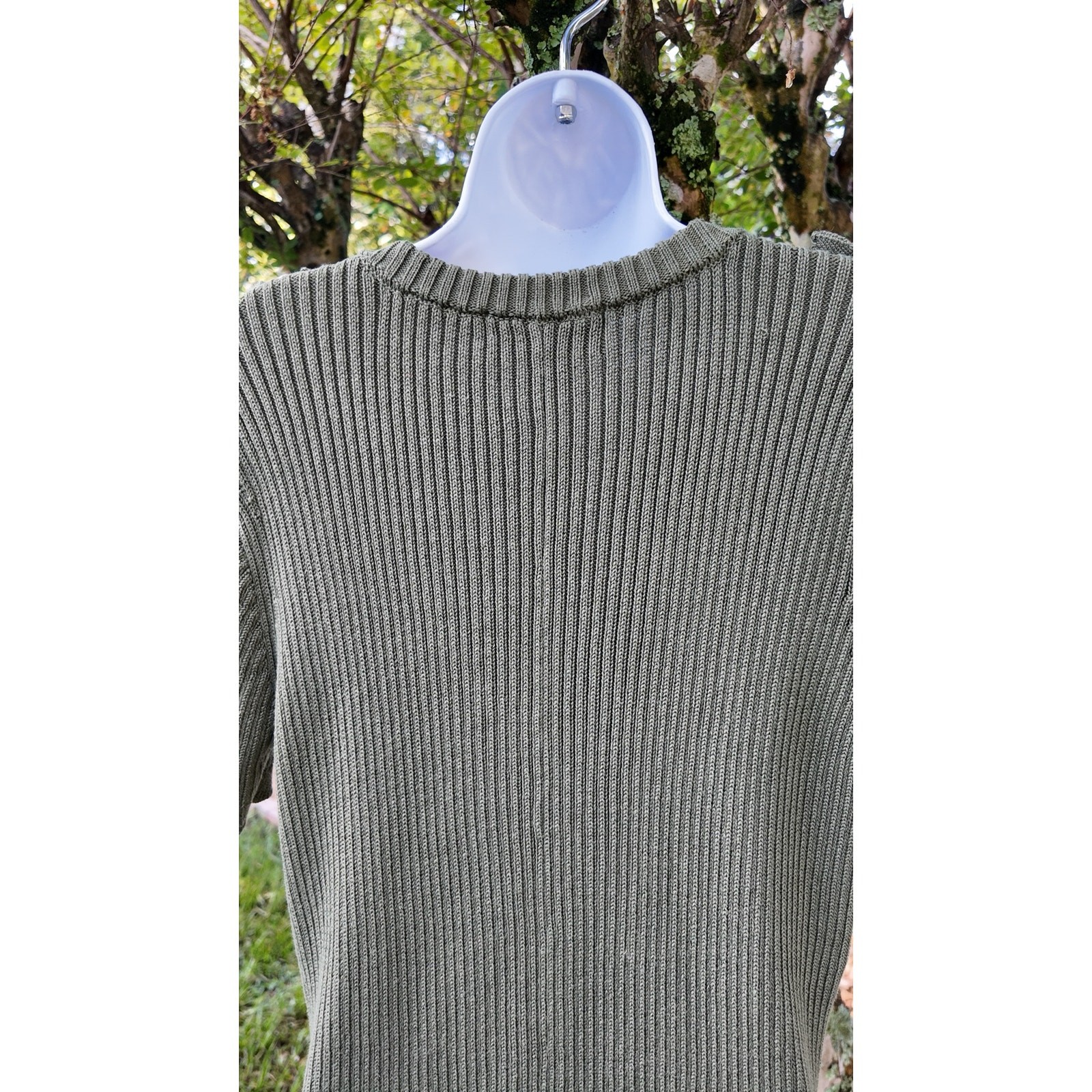 French Connection Olive Rib Knit Sweater Dress Gold Buttons Short Sleeve L