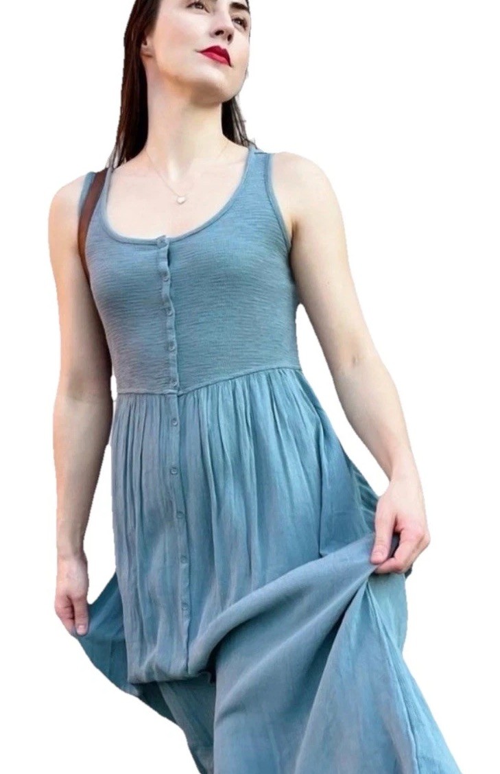 Women’s FRYE Sleeveless Blue Gray Cottagecore Thin Button Maxi Tank Dress XXL