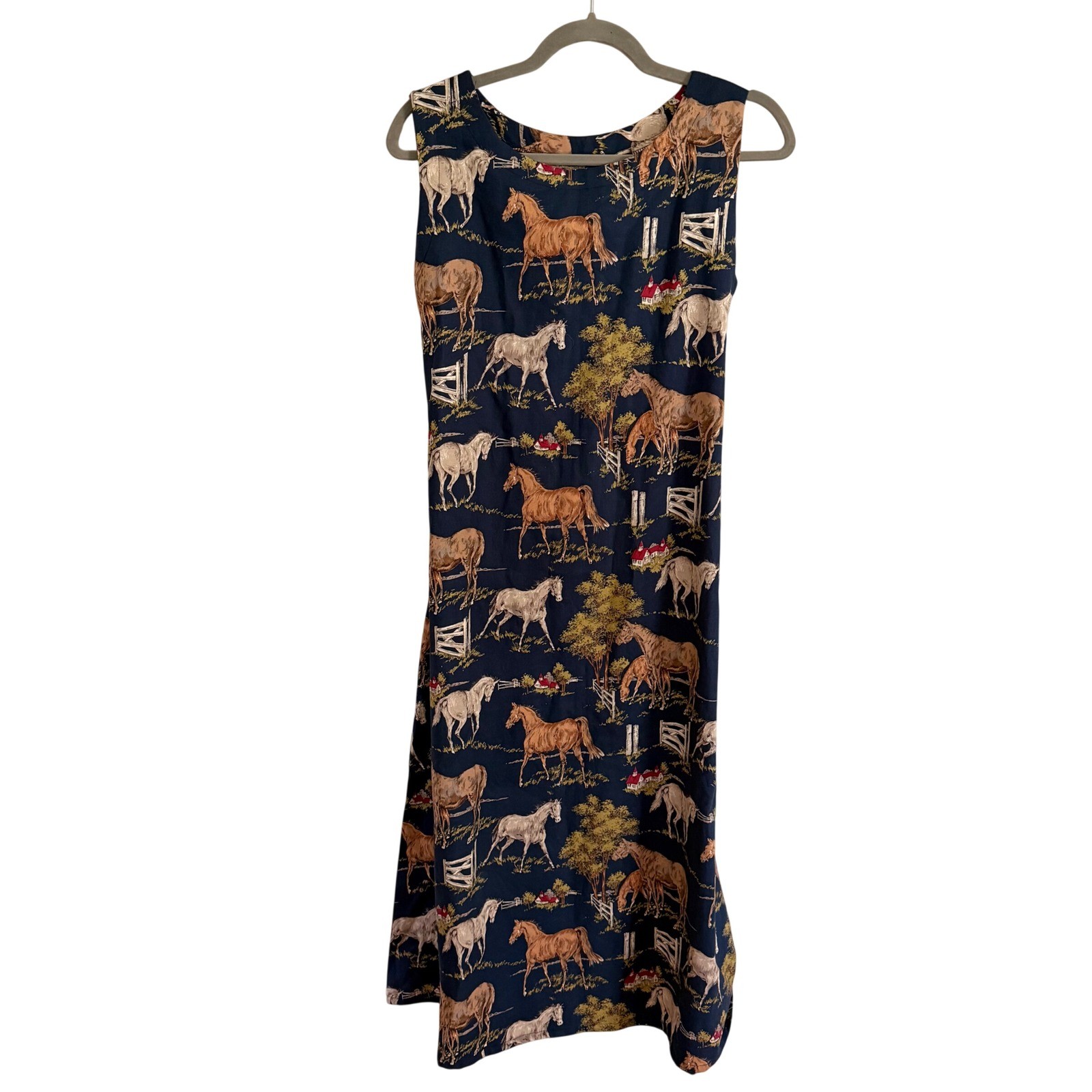 Navy Blue Equestrian Horse Print Sleeveless Midi Dress Tie Back Women Size M