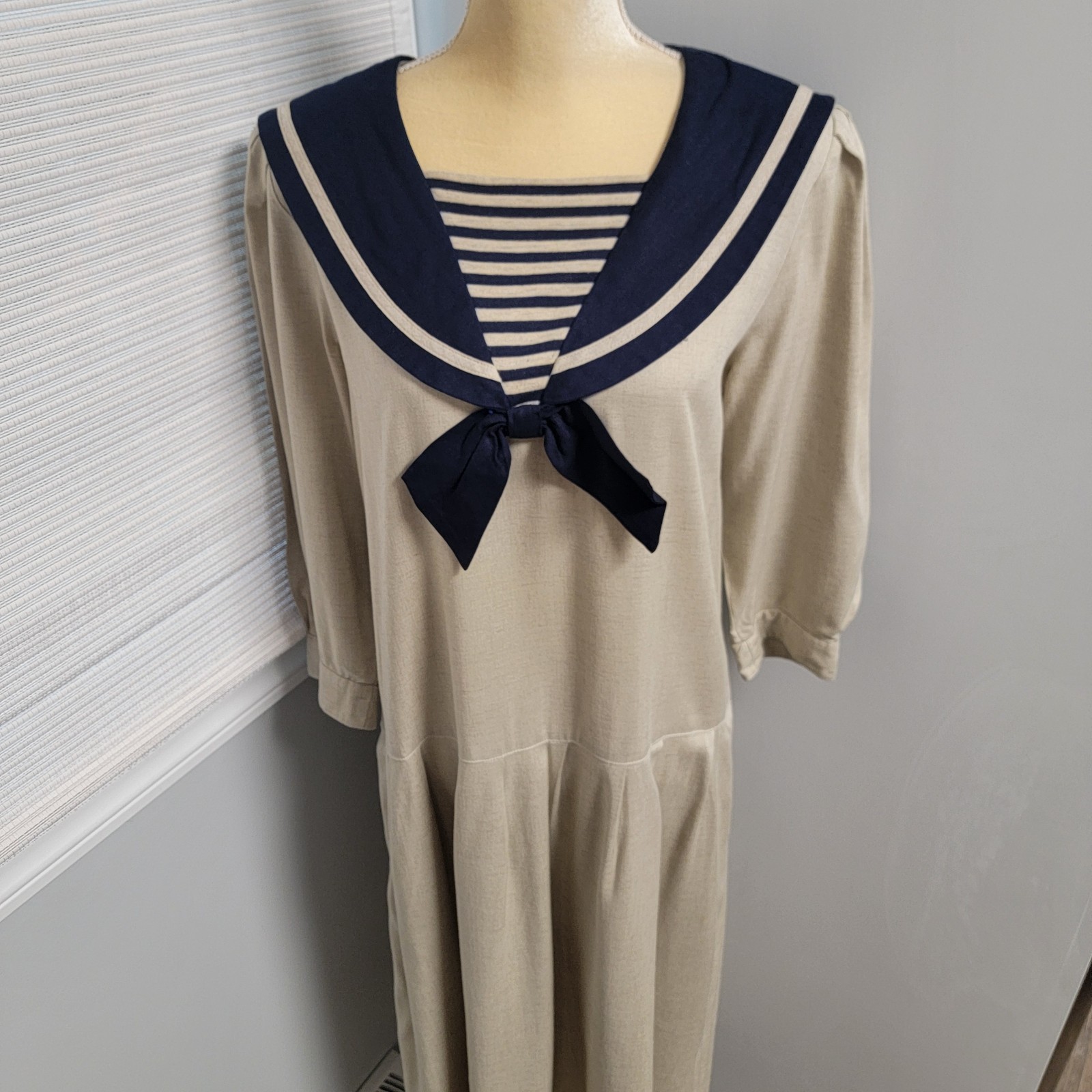 LANZ Originals Vtg 14 Sailor Collar Drop Waist Dress Navy Trim Flax Blend *FLAW