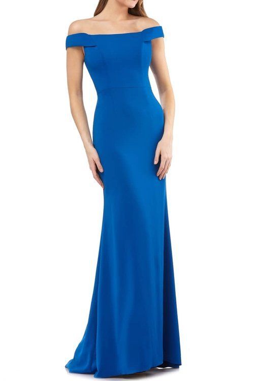CARMEN MARC VALVO Cobalt Blue Off Shoulder Bodycon Mermaid Gown Dress 8 = M