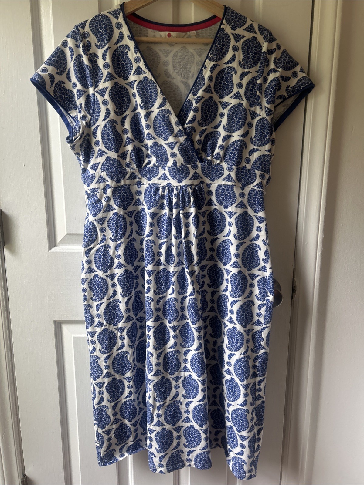 Boden Women’s US 16 L UK 20 Paisley Print Jersey Dress Blue White Midi Cotton