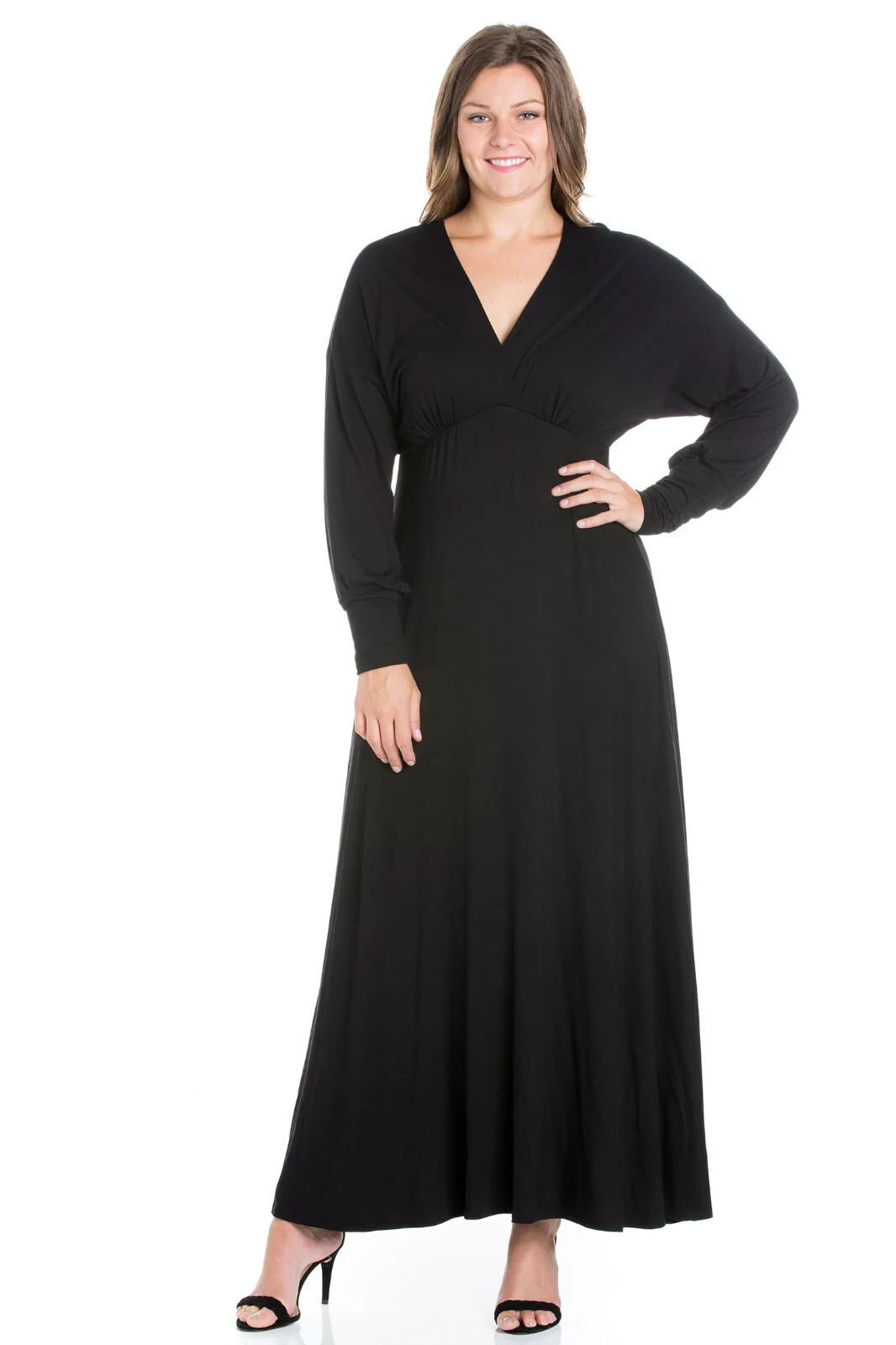 24 seven Comfort Apparel Women Maxi Dress Plus Size Bishop Long Sleeve Black 2X