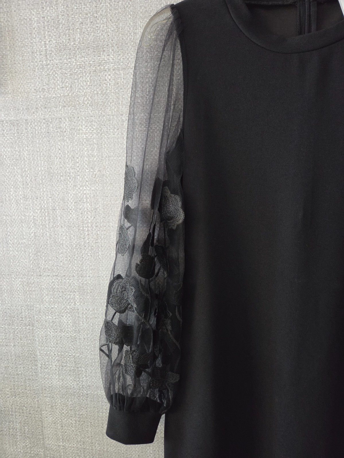 SW black midi dress with puff mesh floral embroidered sleeve, size S