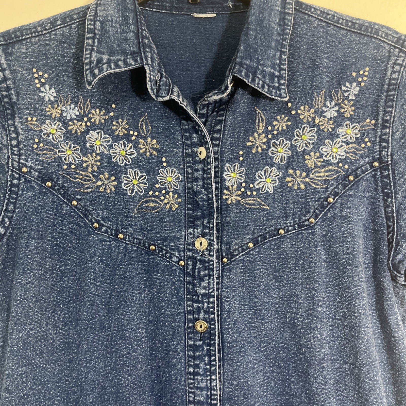 JANE ASHLEY Denim Dress M/L Pockets Floral Embroidered Cottage Peasant 90s VTG