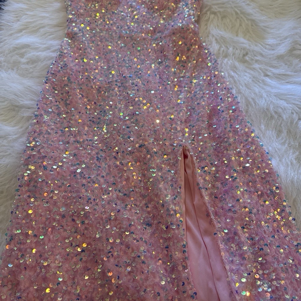 B. Smart Pink Sequin Long Gown V-Neck Spaghetti Straps Slit Juniors 7/8
