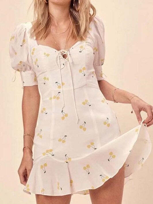 Women Petite Retro Lantern Sleeves Mini White Dress Yellow Cherry Print Romantic