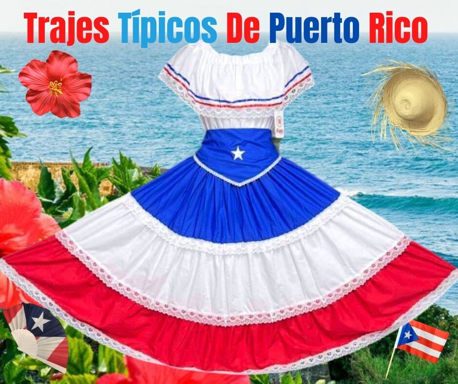 Puerto Rican Flag Skirt Set & Star Belt 3PC Traje Típico Jíbara Boricua Outfit