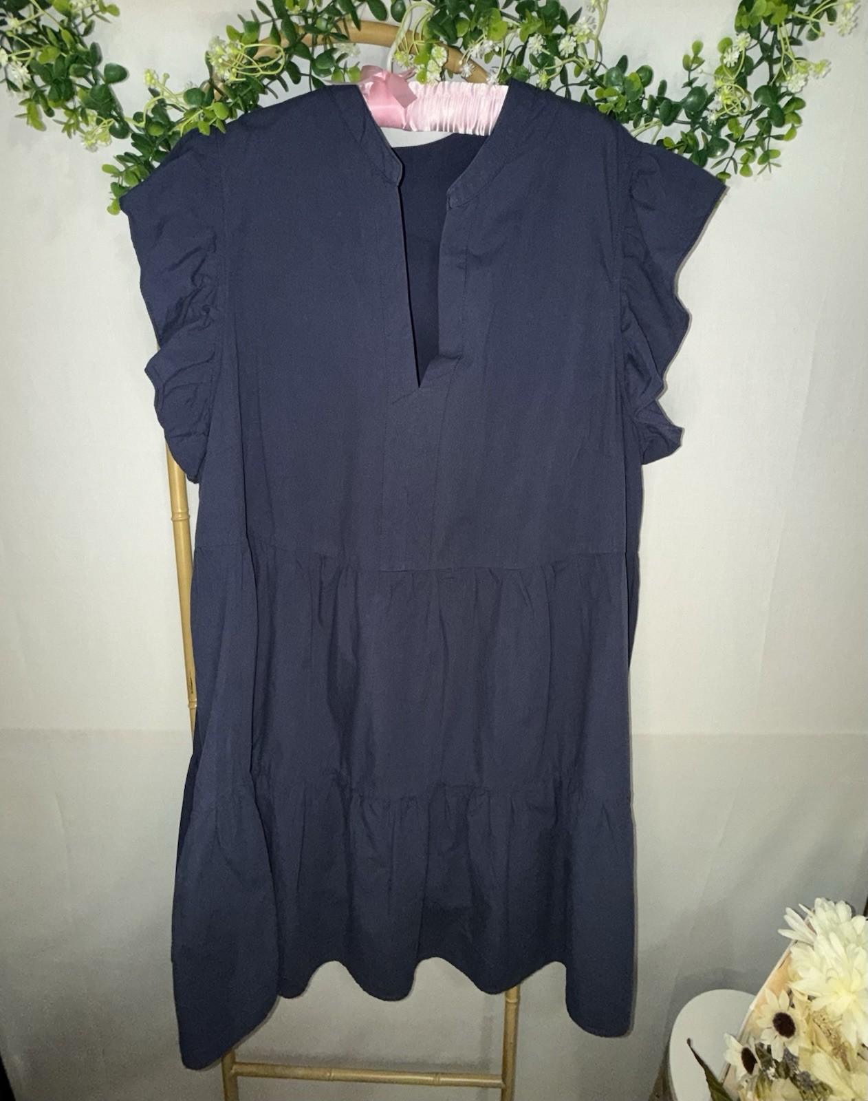 Navy Blue Plus Size XXL Aline Ruffle Swing Dress V Neck Cap Sleeves