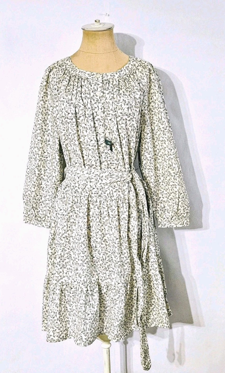Terra & Sky Women’s Black White Floral Tiered Tie Waist Dress W/Pockets