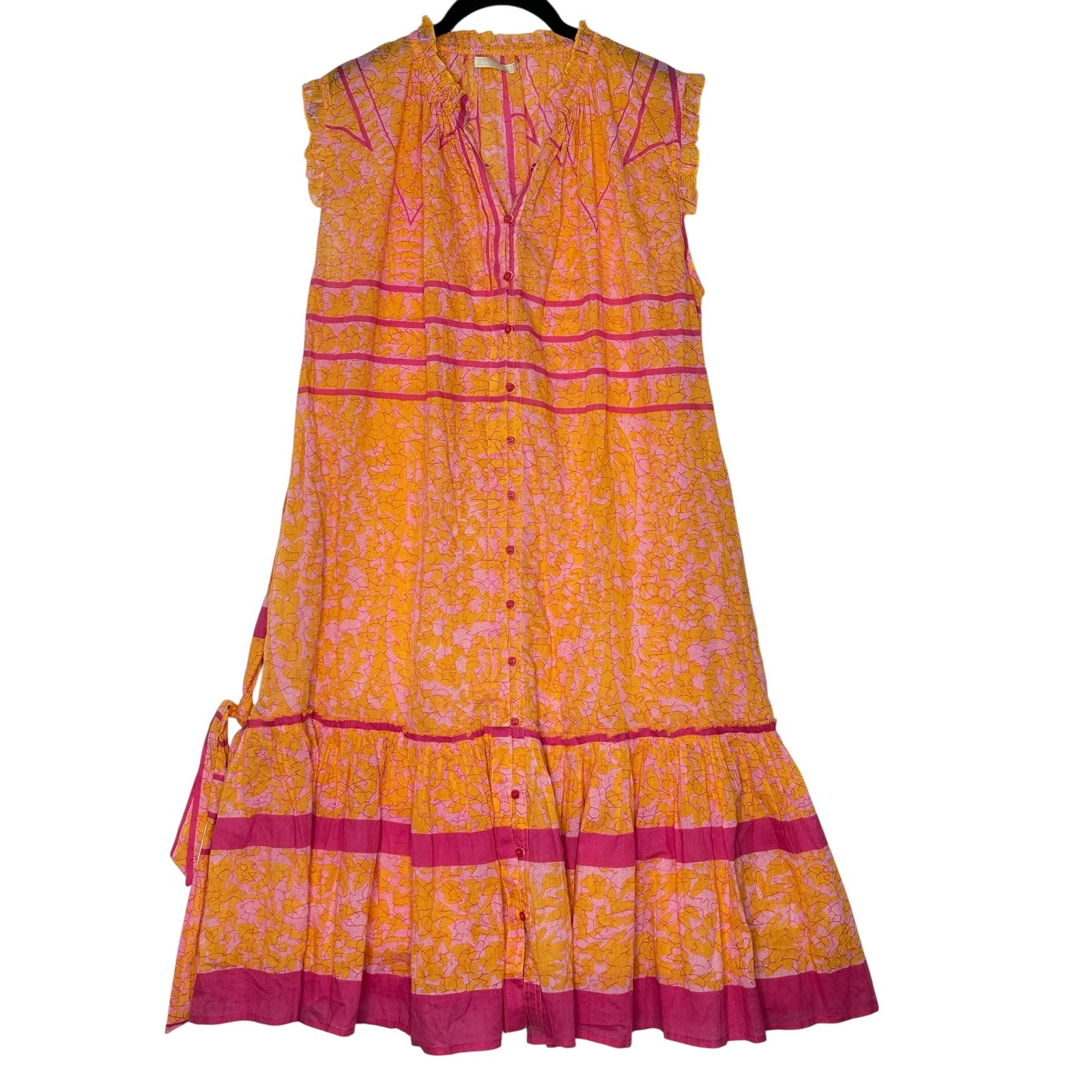 Lola Australia Womens Tiered Cotton Dress Small Belted Button Front Boho Flowy