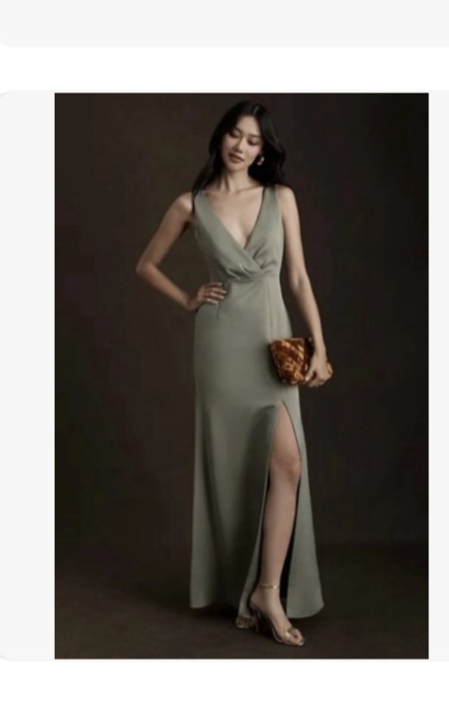 Anthropologie BHLDN Piper Satin Draped V-Neck Gown Maxi Dress Moss Green 6