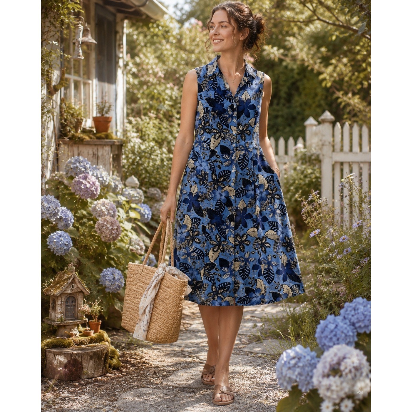 Coldwater Creek Blue Linen Blend Floral Button Front Midi Dress Womens 20 H40266