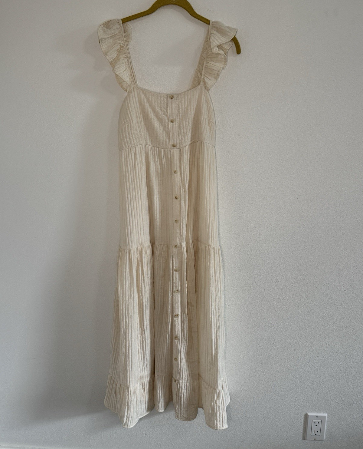 By the River Ivory Gauze Maxi Dress M Ruffle Strap Button Front Cottagecore Boho