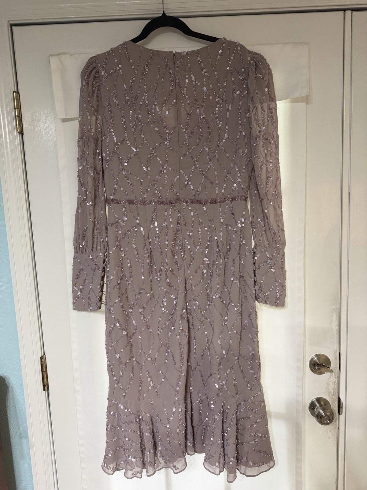 MAC DUGGAL 10767 SEQUINED ILLUSIONS LONG VINTAGE LILAC TRUMPET MIDI DRESS 10