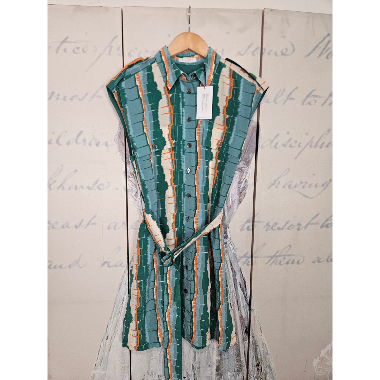 NWT Equipment Eliee Silk Shirt Dress 4 Green Abstract Belted Sleeveless Midi