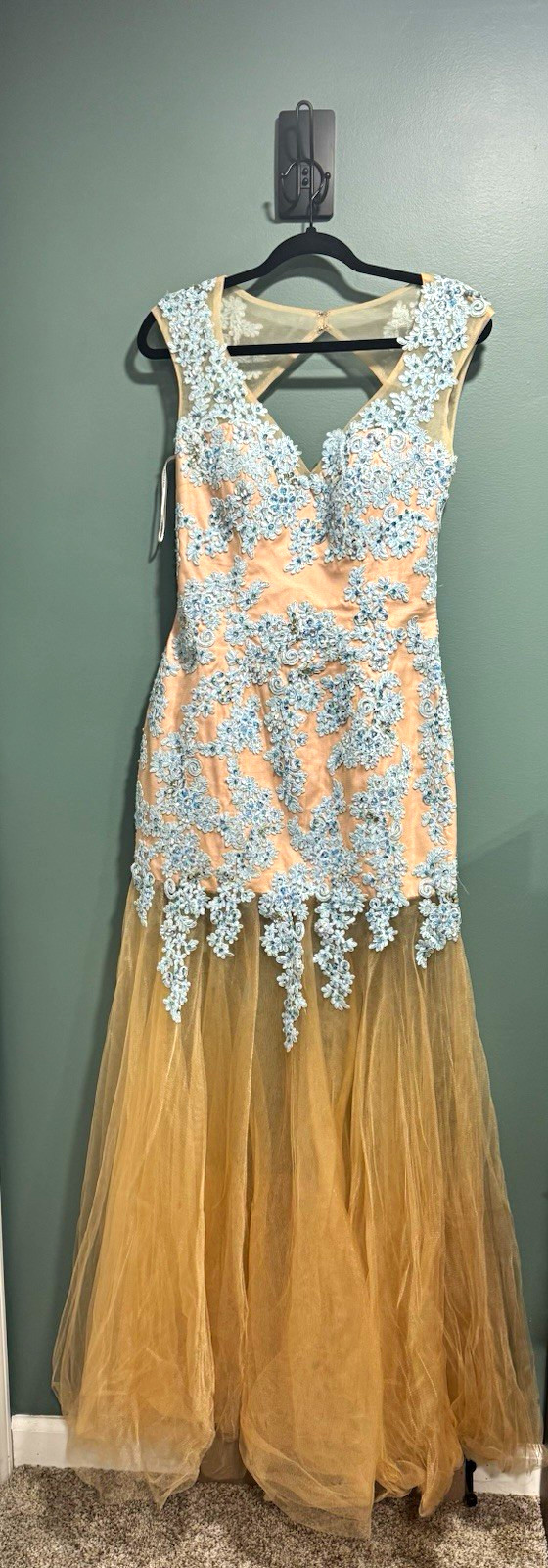 Alyce Paris Women’s Formal Long Gown Size 6 Blush/Blue Beaded Tulle V-Neck