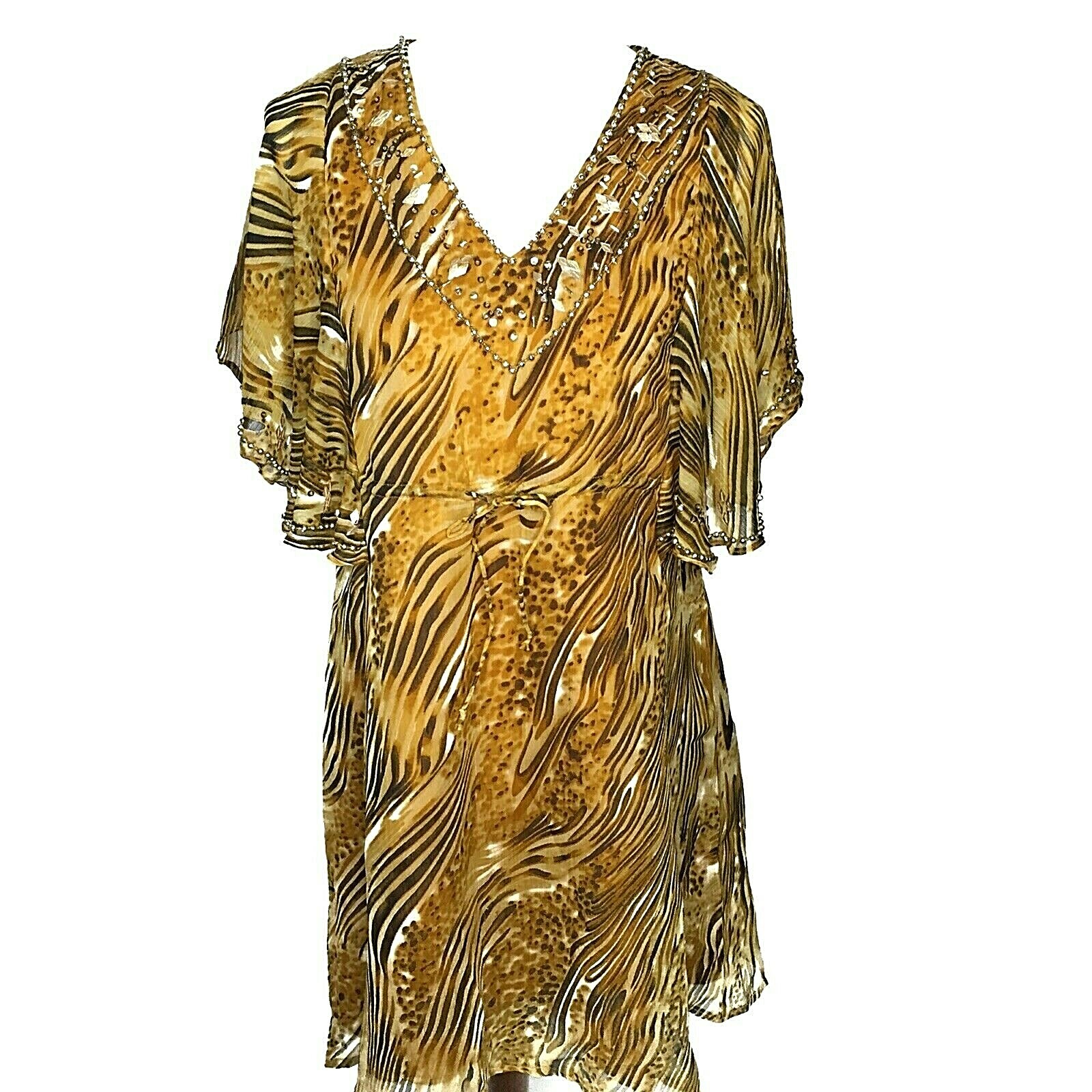 Metrostyle Beaded Animal Print Dress Medium V Neck Tie Waist Flutter Sleeves