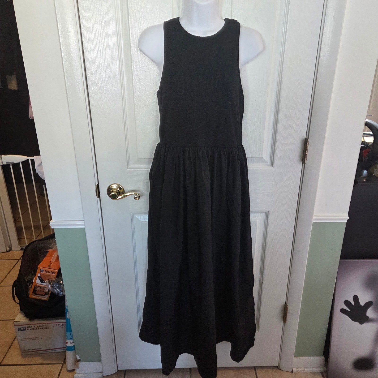 Daily Practice by Anthropologie Black Ribbed Mixed Media Midi Tank Dress Medium