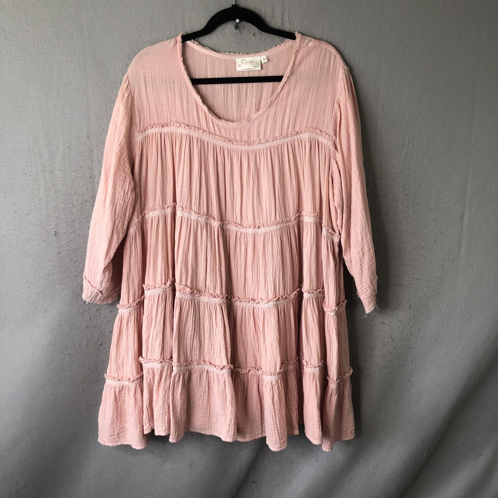 Feminine Dress Womens L Pink Cotton Trapeze Swing Ruffle Tiered Boho Tunic Boho