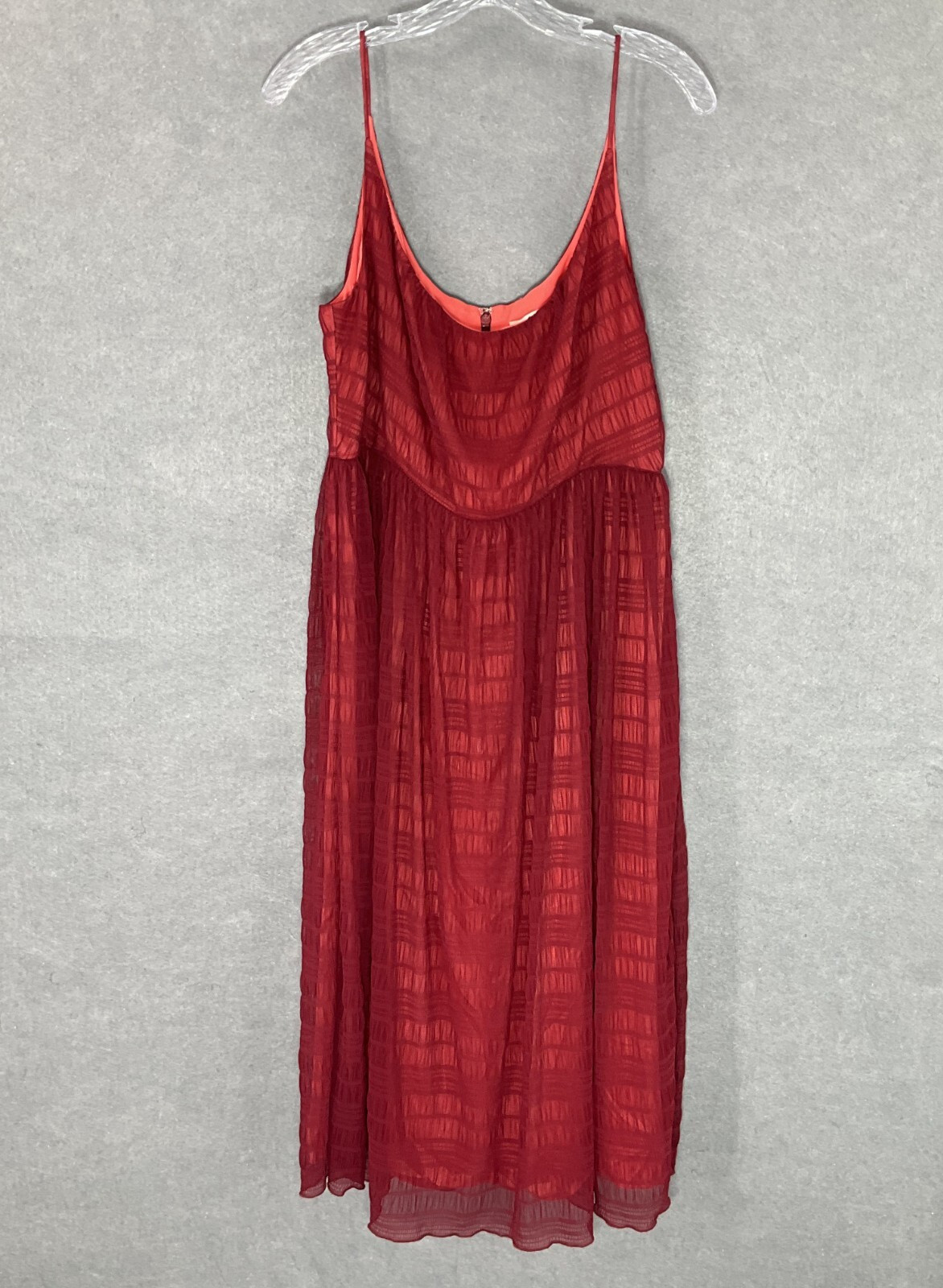 Fossil Sundress Women Sz 12 Cherry Red Sheer Lined Zipper Pleated Maxi Sundress