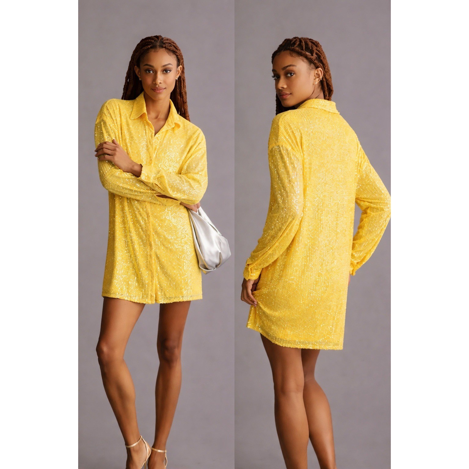 Anthropologie NEW Flat White Yellow Sequin Tunic Shirt Dress SZ XL Eras Tour