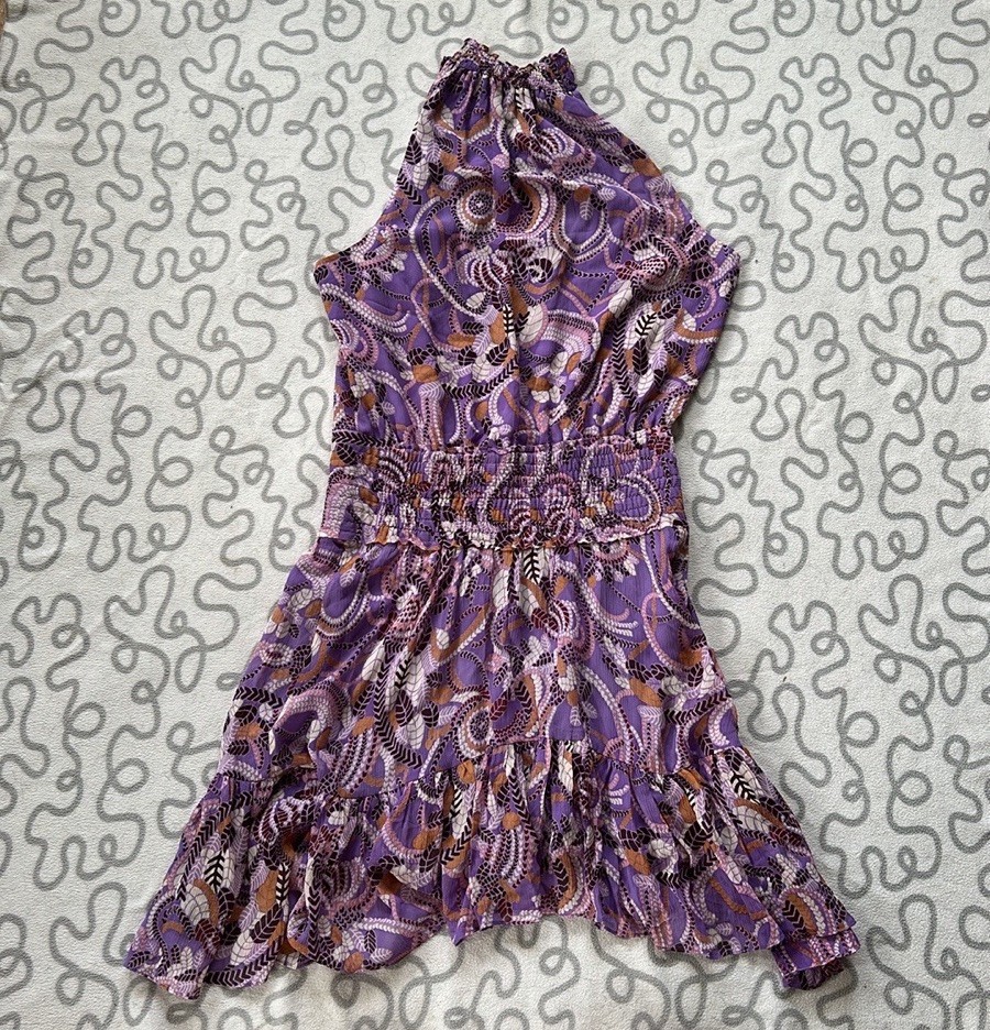 A.L.C. Purple Paisley Halter Sleeveless Smocked Dress Womens Size 14 Silk Blend
