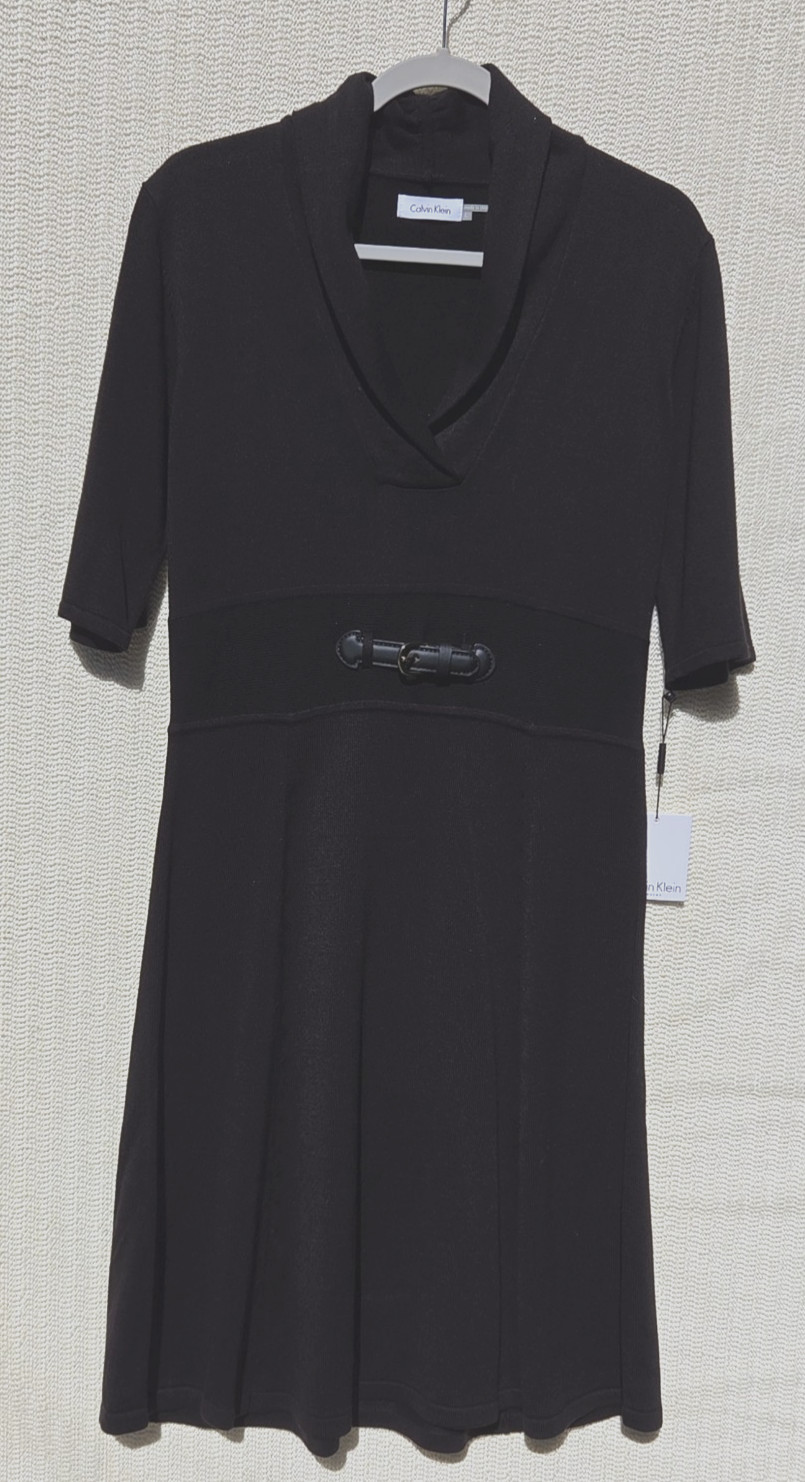 Calvin Klein black knit shawl collar half-sleeve dress faux belt Size L