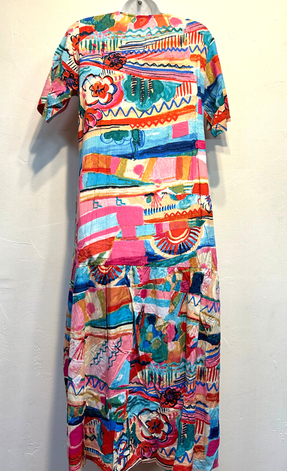 Nwt SACRED THREADS abstract funky hippie rayon pocket hi-low DRESS M Free shipp