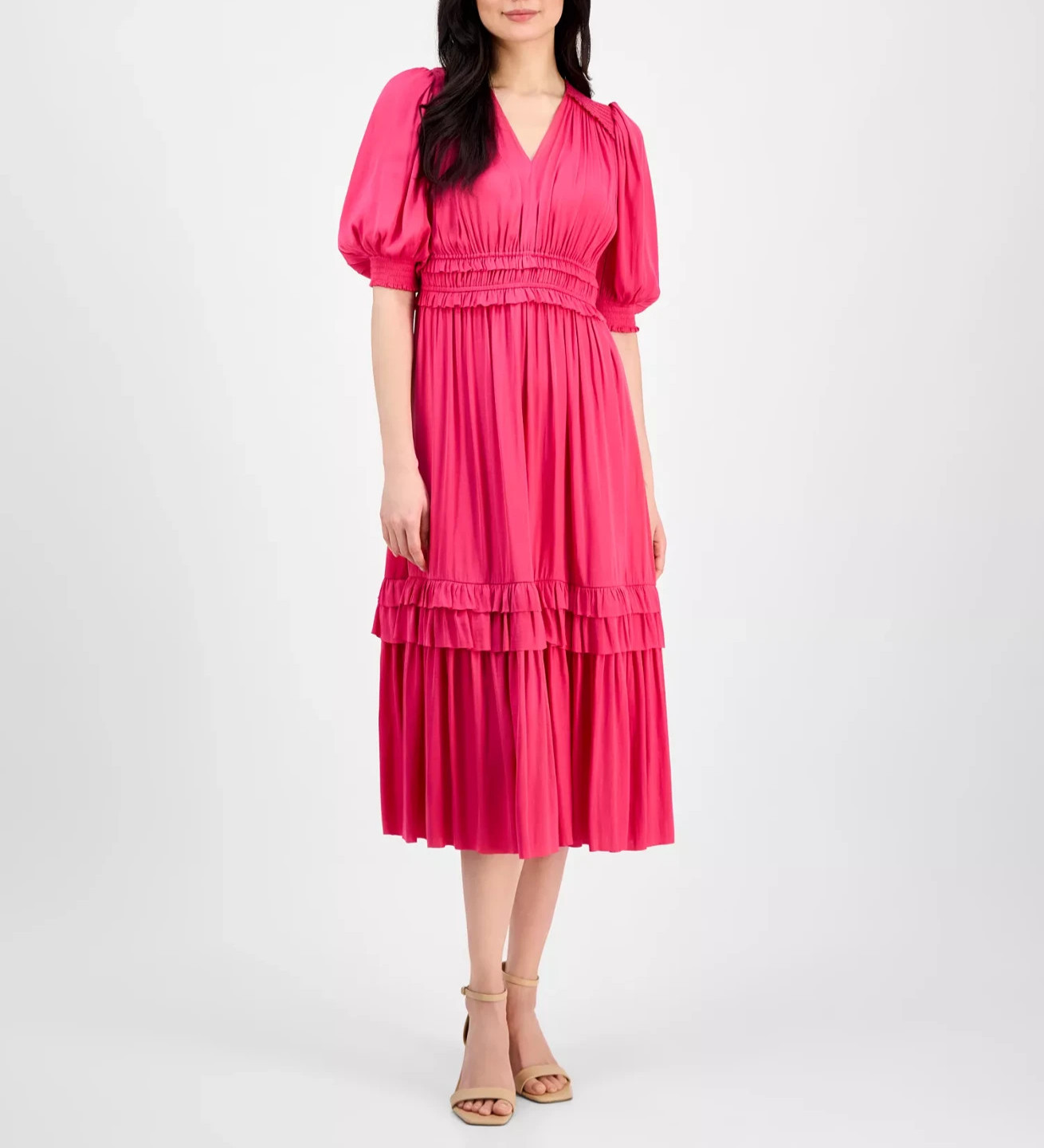 T Tahari Women’s V-Neck Smocked-Waist Tiered Dress MSRP $148