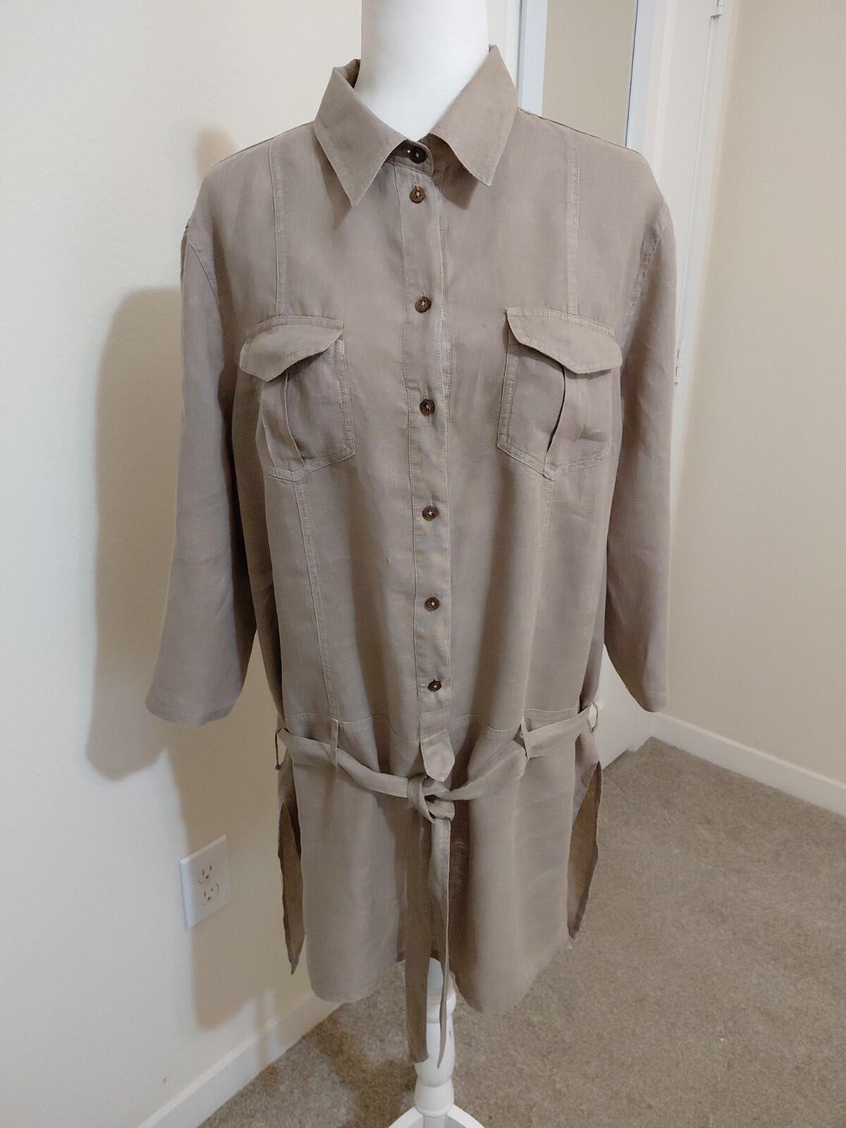 120% Lino Brown 100% Linen Summer Long Sleeve Relaxed Blouson Dress 48 12 US