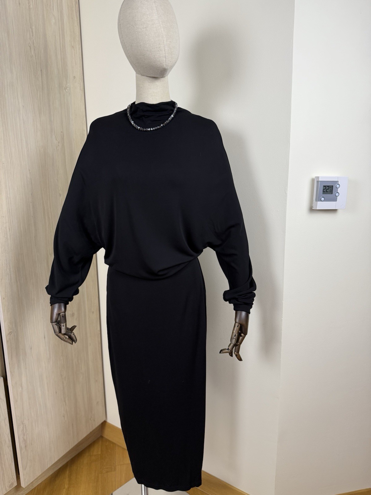 Filippa K Black Minimalist Midi Dress M Draped Batwing Sleeve Scandinavian Chic