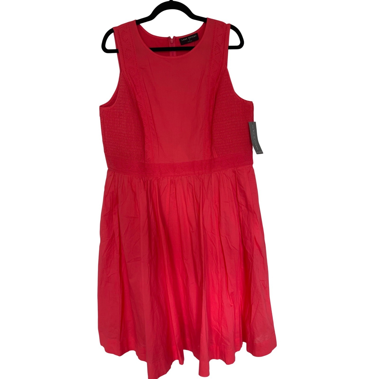 Lane Bryant Pink Red Eyelet Cotton Smocked Fit Flare Midi Dress 18 NWT
