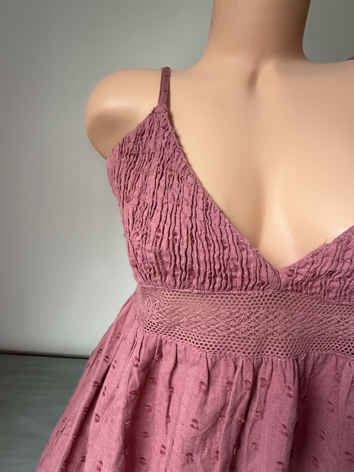Romantic Linen Blend Midi Dress Smocked Swiss Dot Prairie Boho Mauve NWT Cottage