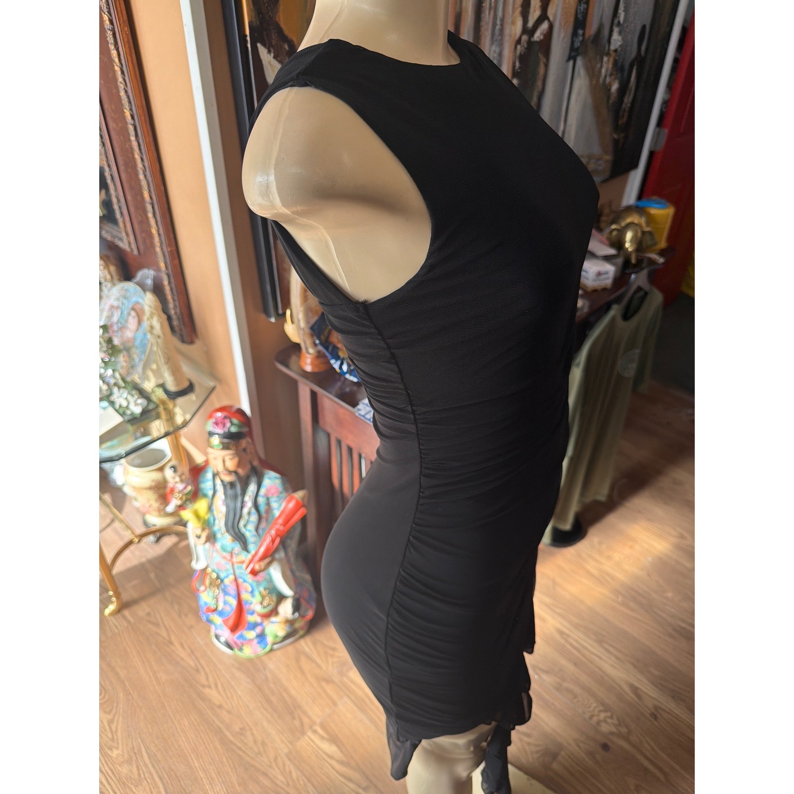 Black Sleeveless Ruched Bodycon Dress with Ruffle Mesh Hem Low Back Cocktail