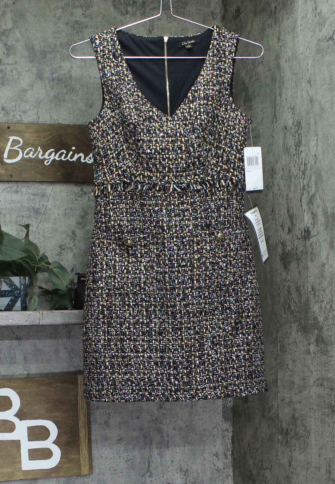 City Studio Metallic Boucle Pocket Tweed Sheath Mini Dress Black / Gold Multi 0