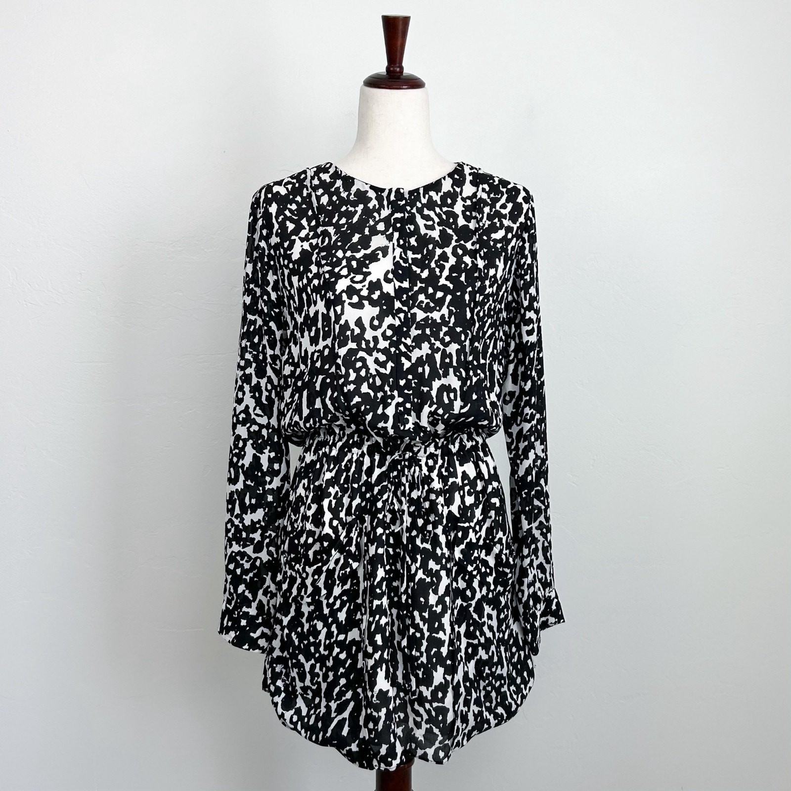 A.L.C. 100% Silk Black White Drawstring Waist Long Sleeve Simona Shirtdress XS