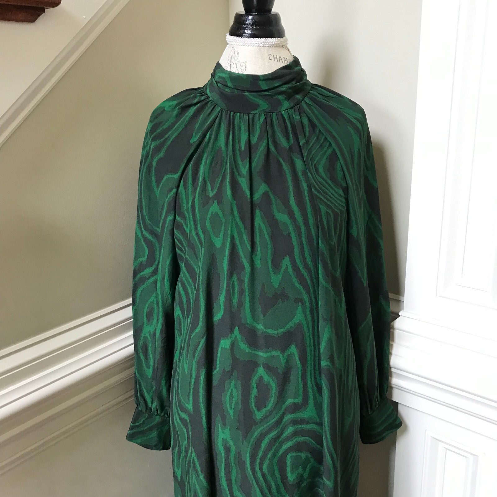 WHiT Anslem Shift Midi Dress Womens P XS Emerald Green Black Long Sleeve Silk