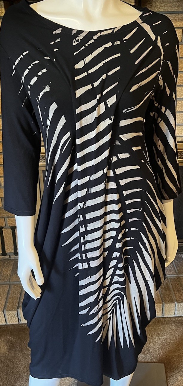 Heyne Bogut Black & Tan Hand Painted Print Stretch Midi Dress