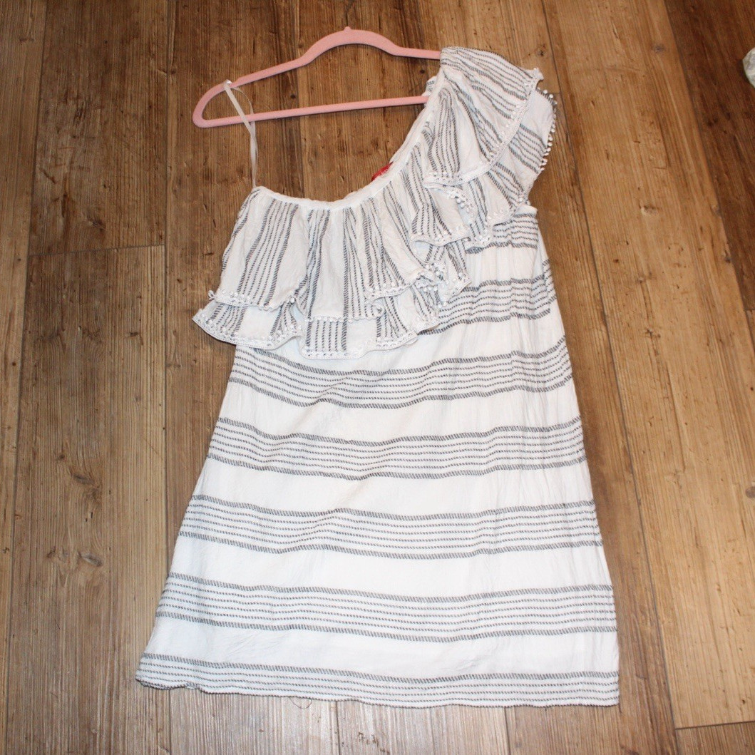 Saks Fifth Avenue White Blue Striped One Shoulder Ruffle Mini Dress Size M/M