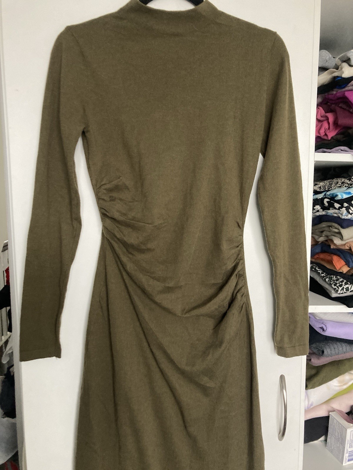 MNG Olive Green Ruched Long Sleeve Maxi Dress Knit Polyester Blend Size S Cute