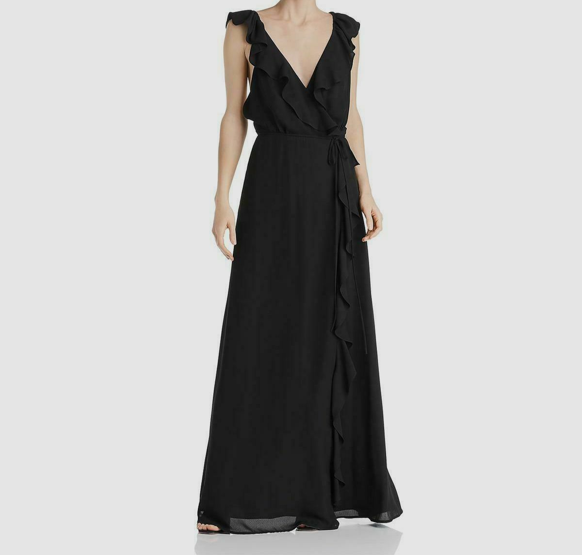 $205 Wayf Women’s Black Sleeveless Ruffled V-Neck Column Wrap Dress Size Small