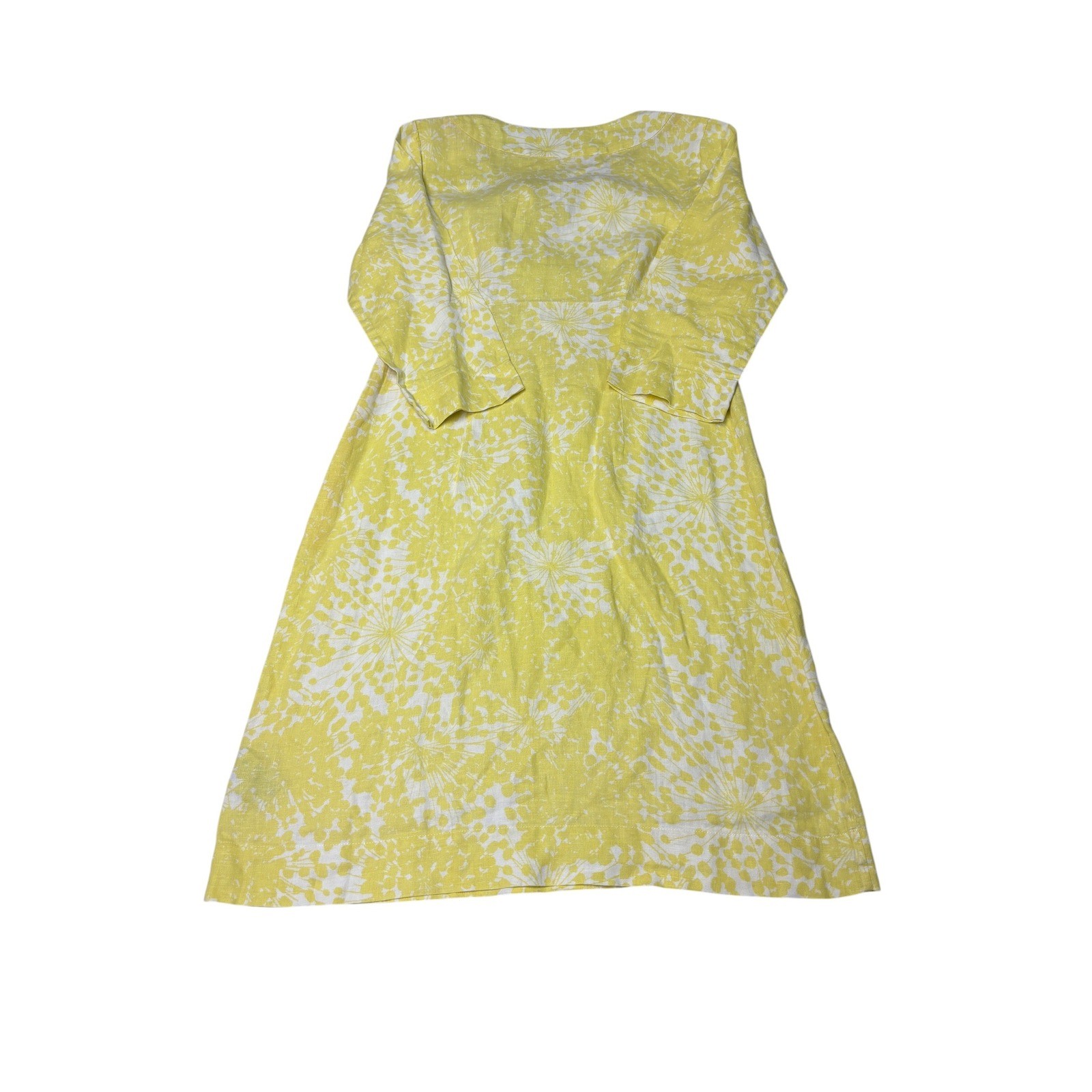 Boden Yellow White Linen Floral A-Line Dress 3/4 Sleeve Notched V-Neck US 4L