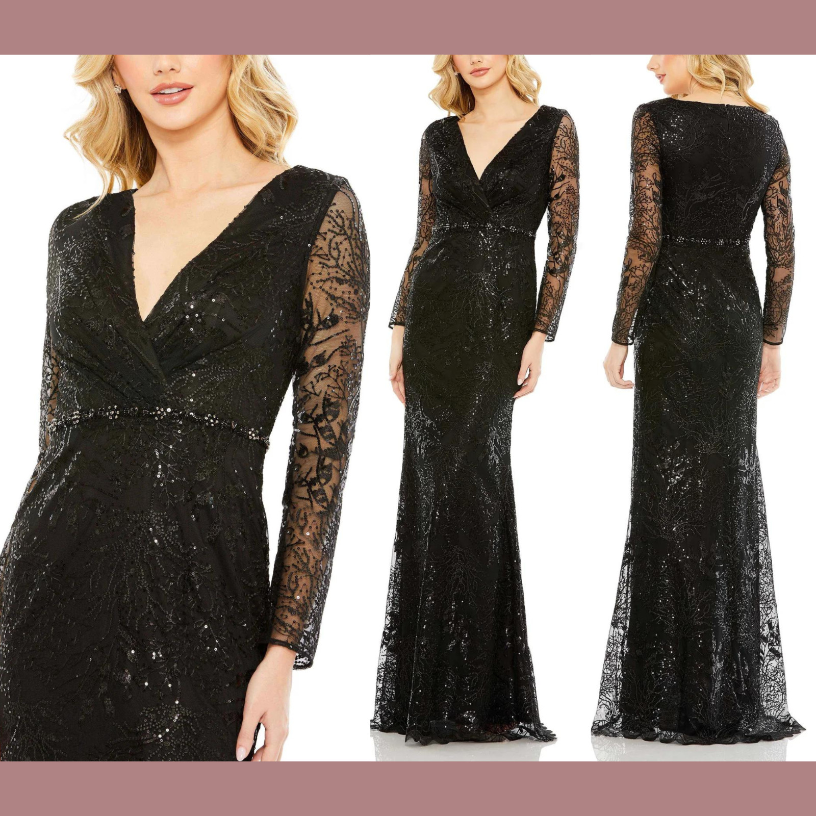 NEW Mac Duggal [ 12 ] 68016 Embellished Wrap Over Long Sleeve Gown Black #S1807