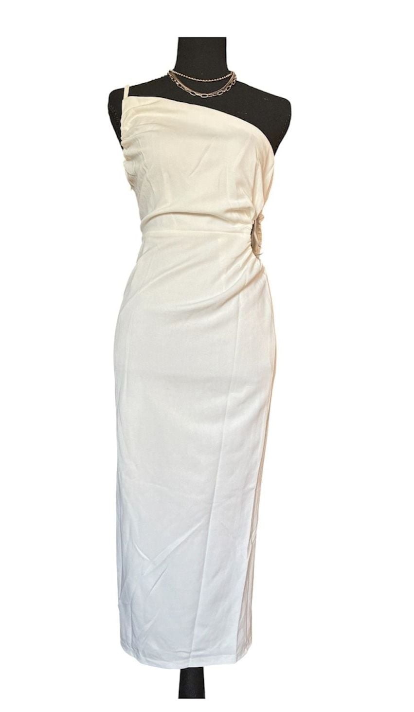 Olivaceous White One-Shoulder Ruched Midi Dress size medium * Nwot