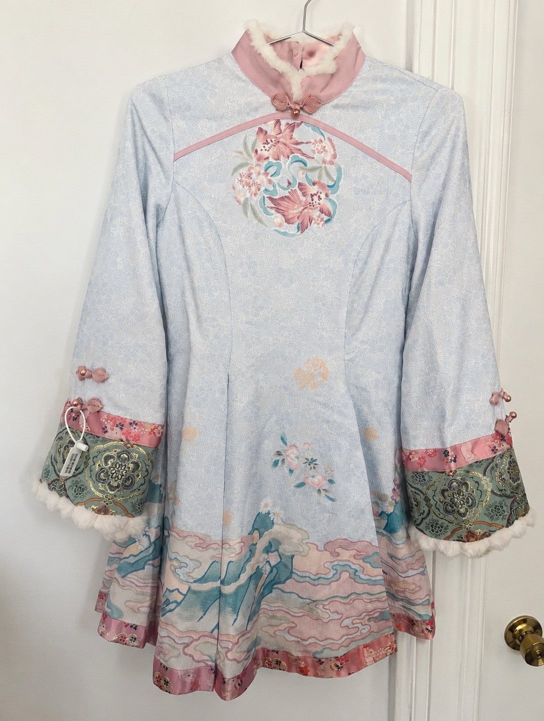 Women’s Blue Pink Brocade Floral Embroidered Faux Fur Trim A-Line Dress Lined