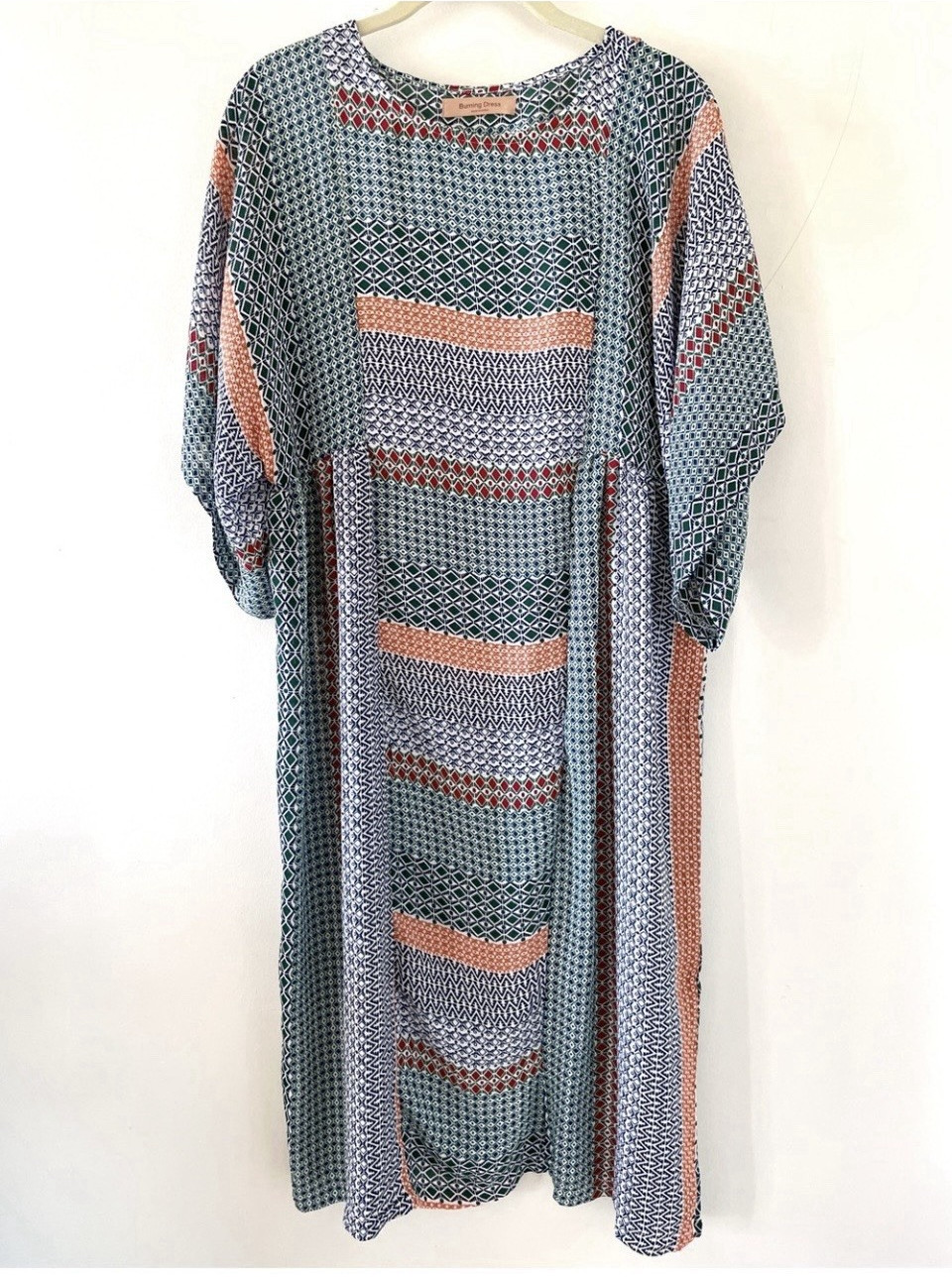 Burning Dress Geometric Kaftan Long Dress Size S Short Sleeve Round Neck