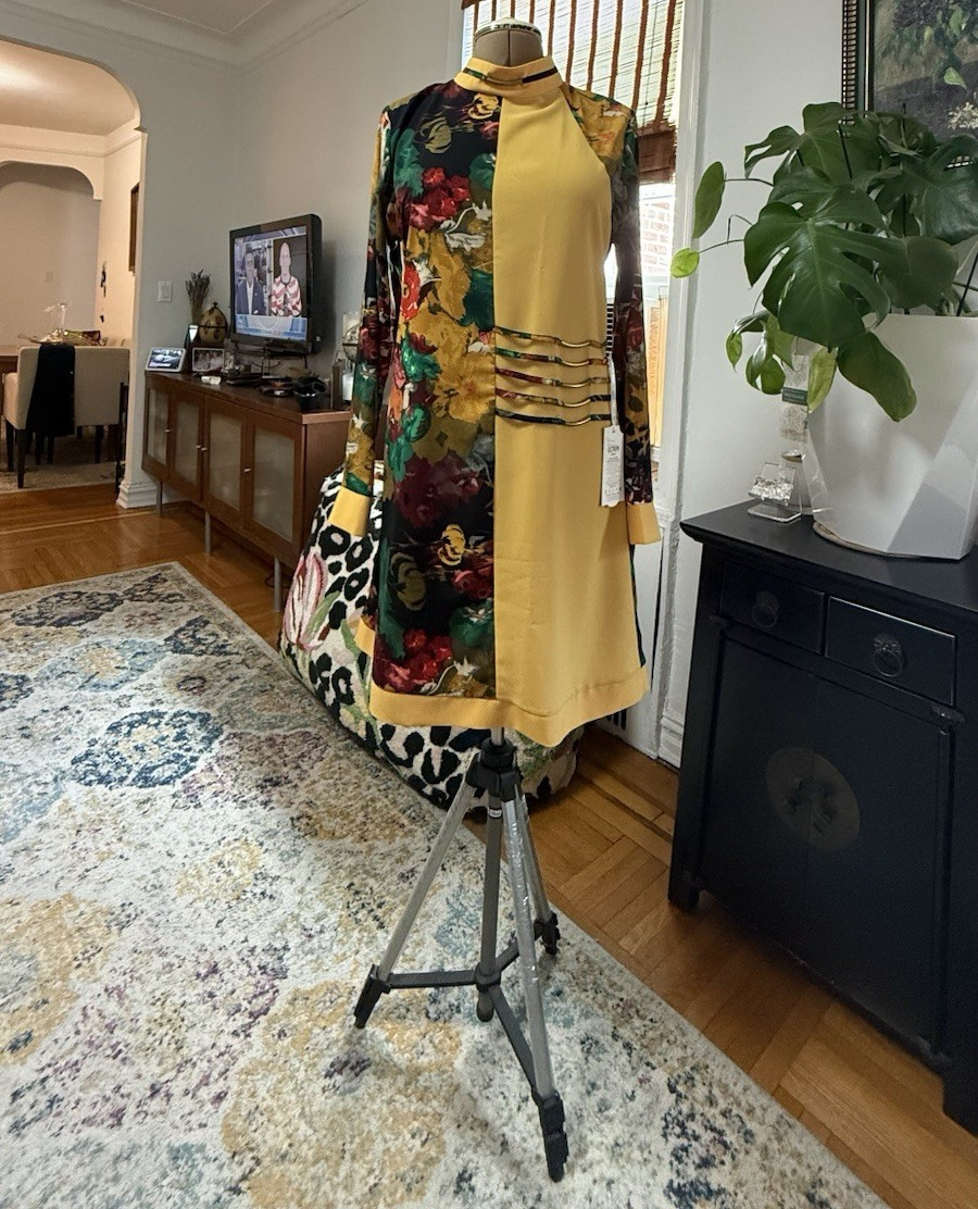 Ecrin Moda Yellow Floral Mock Neck Long Sleeve Knee Sundress Regular Size 44